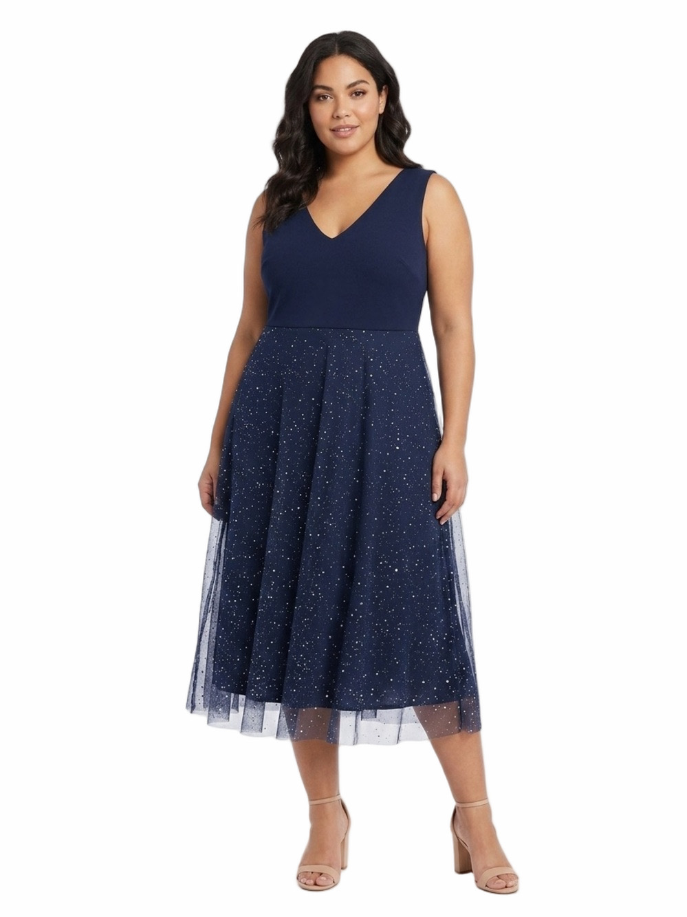 Sparkle Navy Blue V-Neck Tulle Party Skater Dress Plus Size 1XL Prom Wedding